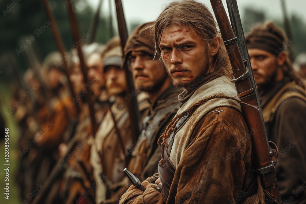 Obraz premium A group of historical soldiers standing in formation, dressed in period clothing with rifles. The focus is on a young man with long hair and a serious expression, showing signs of battle.