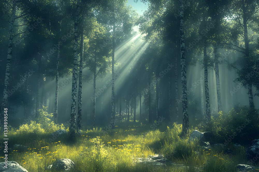 Fototapeta premium Sunlit Birch Forest Landscape