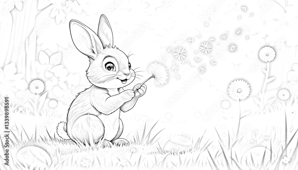 Obraz premium Easter Day Illustration: Peaceful Rabbit Drawing in Bloom. A black and white drawing of a rabbit blowing a dandelion.