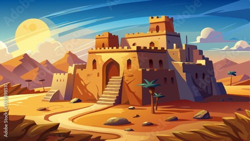 ancient desert fort, built of sunbaked clay, stands resilient against the scorching midday sun, surrounded by endless dunes.