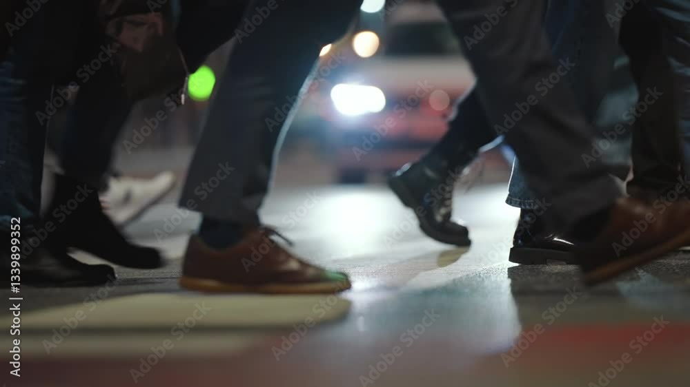 Low angle close-up view unrecognizable people crowd feet shoes steps busy street. Many pedestrians walking crowded crosswalk backlit with car headlights. Evening rush hour legs asphalt zebra crossing Low angle close-up view unrecognizable people crowd feet shoes steps busy street. Many pedestrians walking crowded crosswalk backlit with car headlights. Evening rush hour legs asphalt zebra crossing