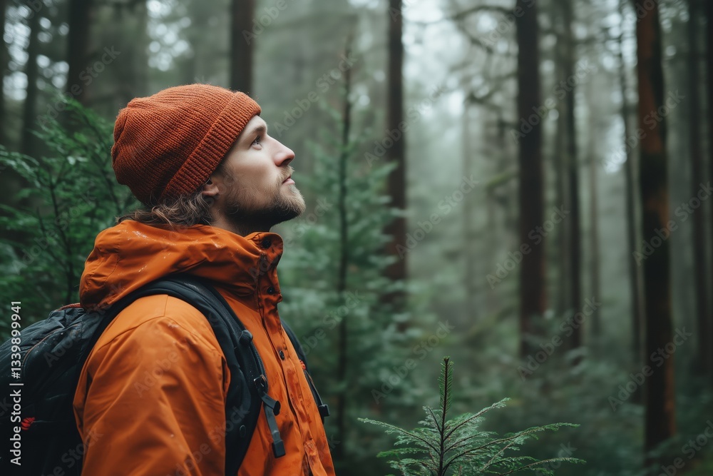 A forester man in an orange jacket and beanie stands in a misty forest, gazing upwards among tall trees and lush greenery. A forester man in an orange jacket and beanie stands in a misty forest, gazing upwards among tall trees and lush greenery.