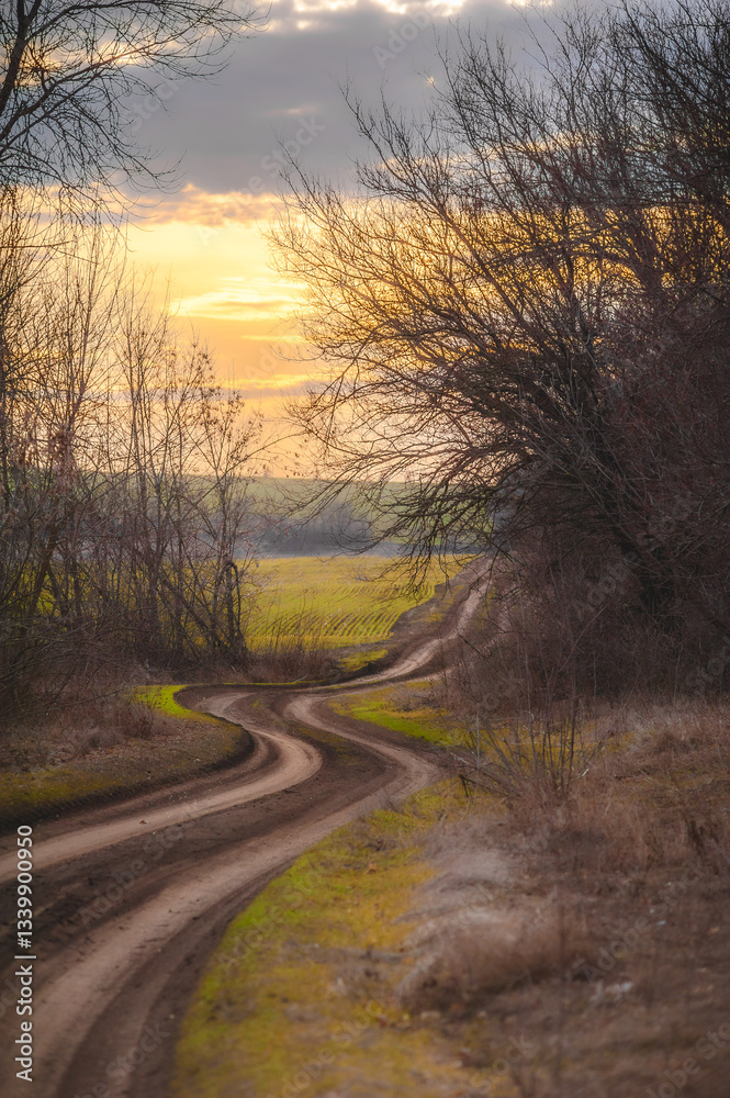 Fototapeta premium a winding dirt road through leafless trees and green hills, against a bright orange sunset sky