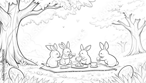 Easter Day Illustration: Three Rabbits Holding C on a Mat with Food and Trees. A black and white illustration of three rabbits having a picnic.