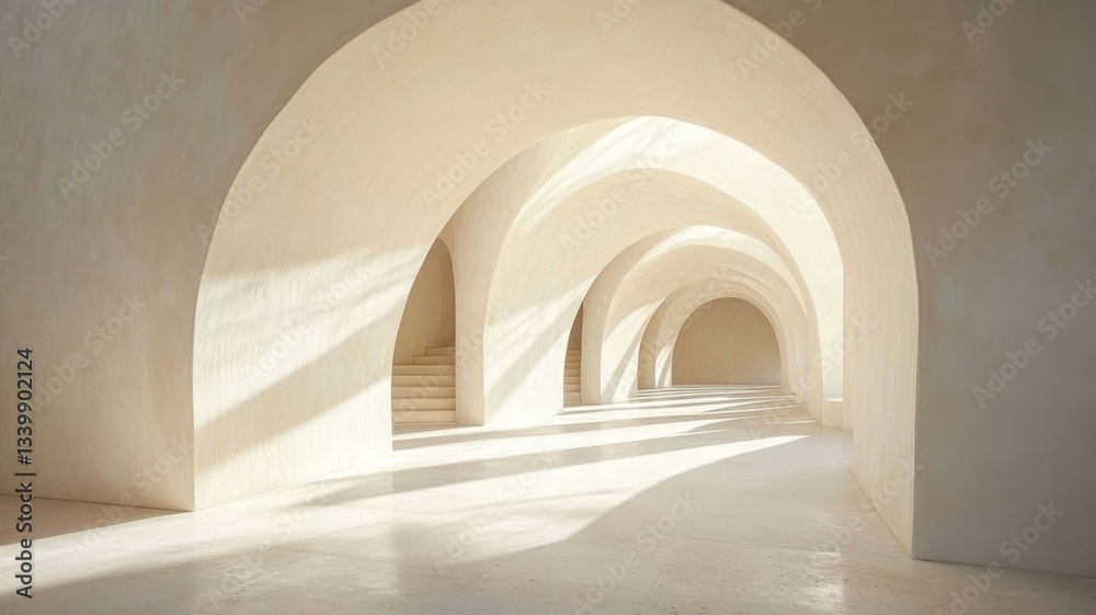Fototapeta premium Sunlit Interior With Arched Hallways And Stairs