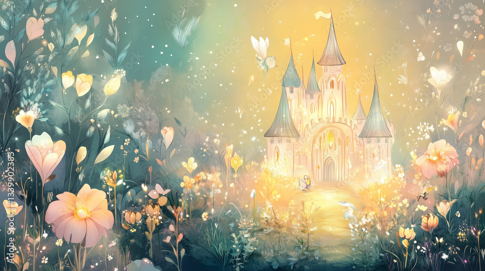 A cartoon depiction of an enchanted castle surrounded by a magical garden filled with glowing flowers and friendly mythical creatures like unicorns and fairies A cartoon depiction of an enchanted castle surrounded by a magical garden filled with glowing flowers and friendly mythical creatures like unicorns and fairies