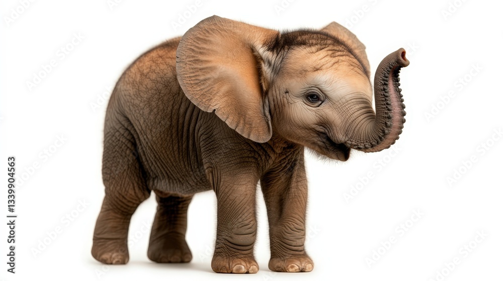 Fototapeta premium A charming young elephant captures attention with its youthful features, highlighting its oversized ears and playful trunk against a stark white background, exuding innocence and joy.