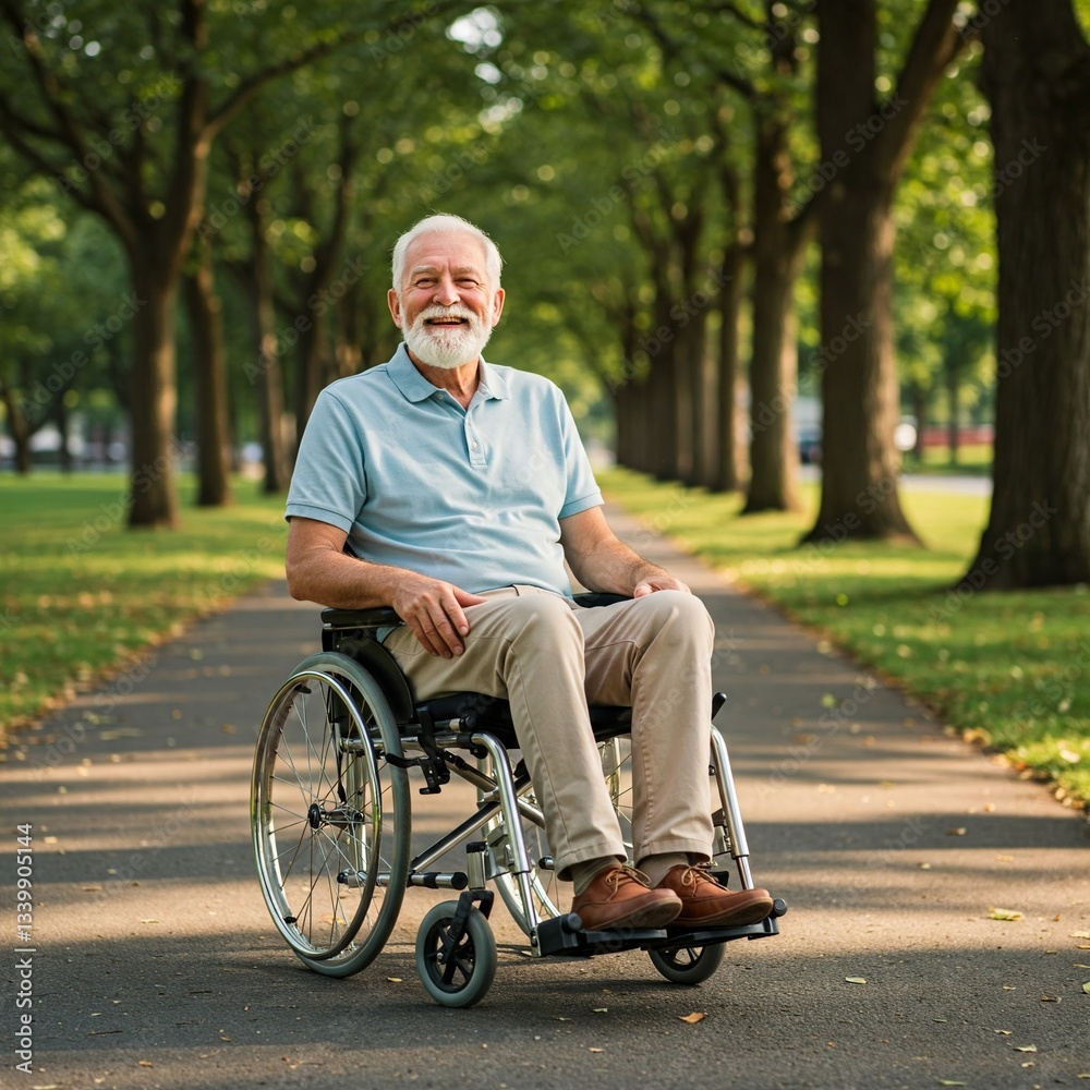 Smiling senior man sitting in wheelchair on footpath Smiling senior man sitting in wheelchair on footpath