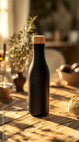 Wallpaper Mural  Matte Black Ceramic Olive Oil Bottle with Wooden Lid, Rustic Wooden Table, Warm Shadows. Copy space. Generative AI
 Torontodigital.ca