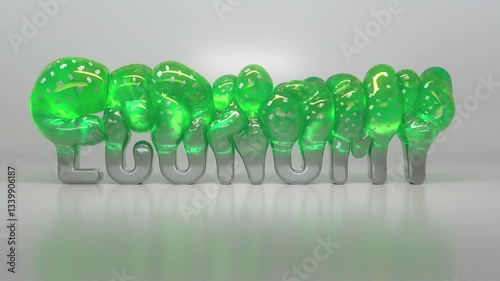 Economy Inflation 3D Animation of Metal Textured Word Transforming into a Green Dollar Balloon