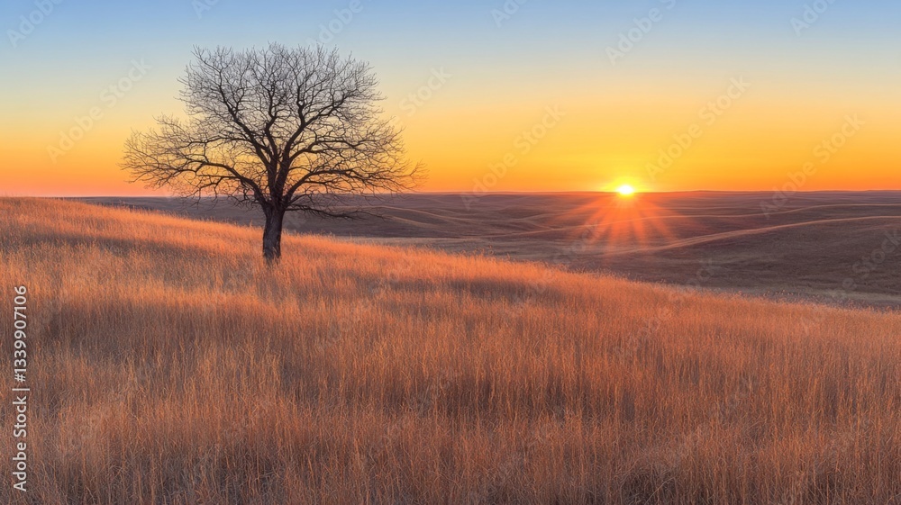 Fototapeta premium Lone Tree Silhouette At Sunset Over Rolling Prairie Grasslands