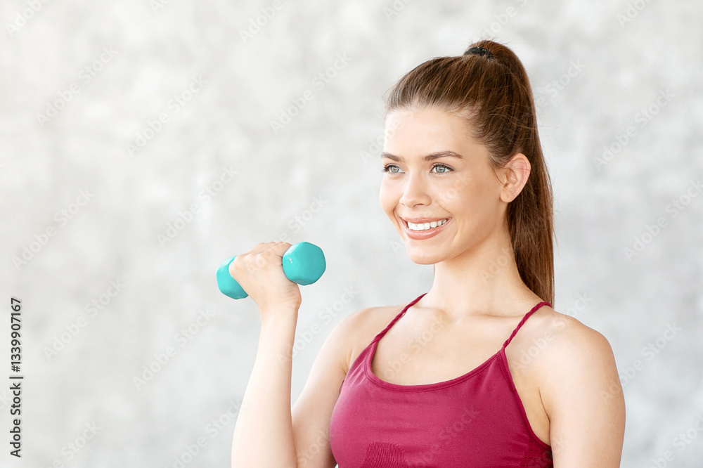 Happy fit woman in sports clothes doing exercises with dumbbells at home Happy fit woman in sports clothes doing exercises with dumbbells at home