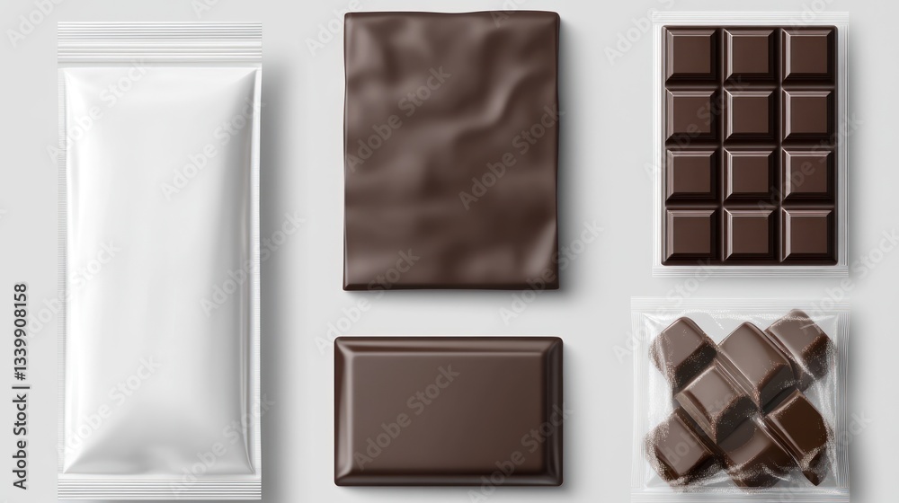 Obraz premium Chocolate Packaging Mockup: A Variety of Dark Chocolate Bars and Blank Packaging for Branding Designs.