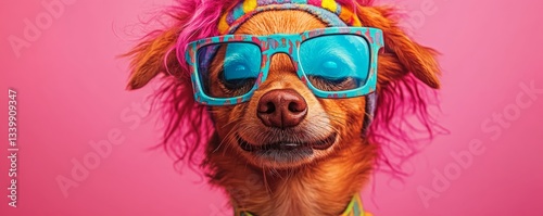 A pink background provides the setting for a cute fluffy dog wearing a clown's wig, with empty space for text to observe April Fools Day
