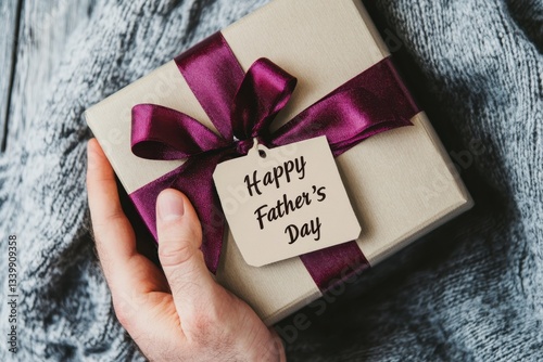 Decorative gift box with a purple ribbon and a Father’s Day tag. Perfect for holiday greetings or father-focused celebrations. Generated AI