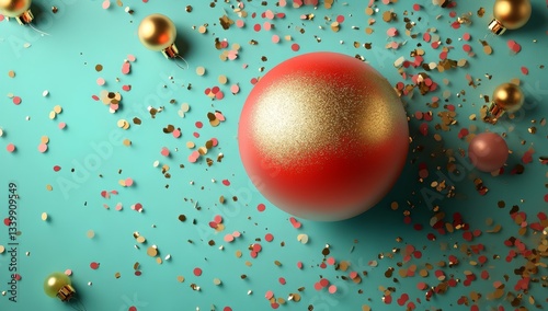 The fun concept of April Fool's Day is captured by a vibrant red clown nose on a turquoise background, accompanied by falling golden confetti