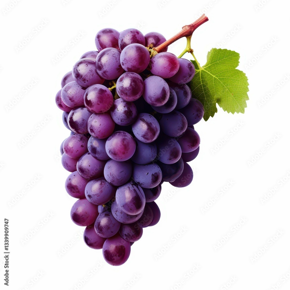 Fototapeta premium A vibrant bunch of succulent grapes with lush green leaves, beautifully showcased on a clean white background.