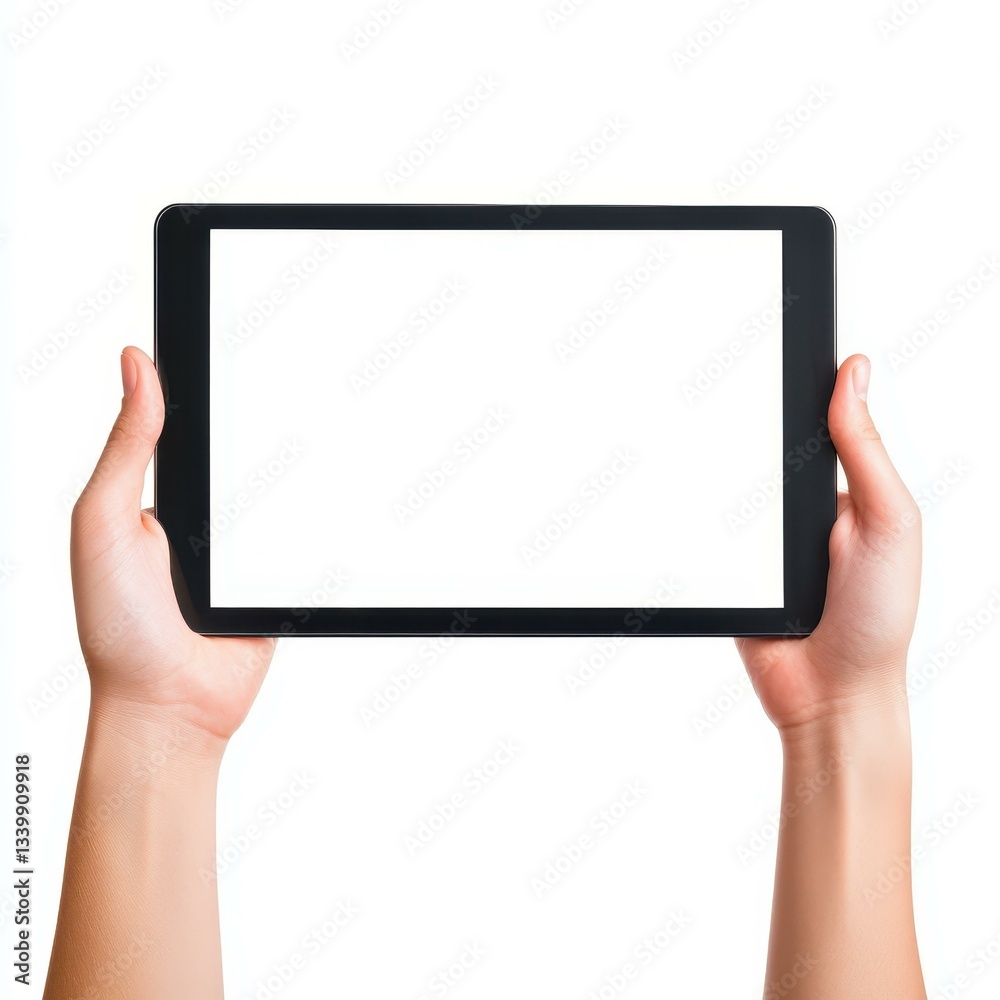 A sleek digital tablet held in hand, featuring a blank screen, perfect for showcasing your design ideas. A sleek digital tablet held in hand, featuring a blank screen, perfect for showcasing your design ideas.