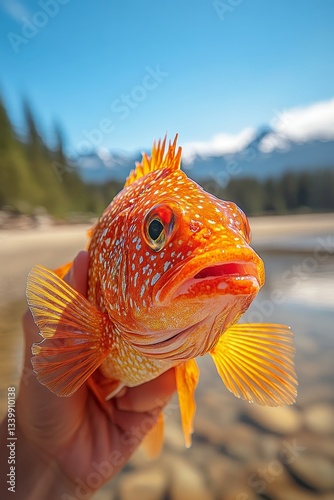A seascape serves as the background for a vertical picture of a woman's hand holding a fried lamb fish