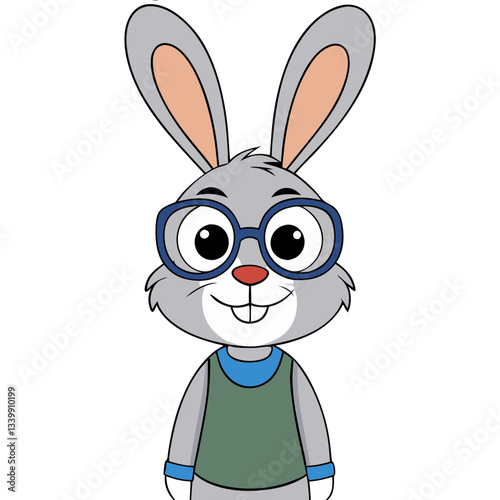 a cartoon drawing of a cute rabbit wearing glasses. The rabbit has big eyes and a friendly smile vector illustration