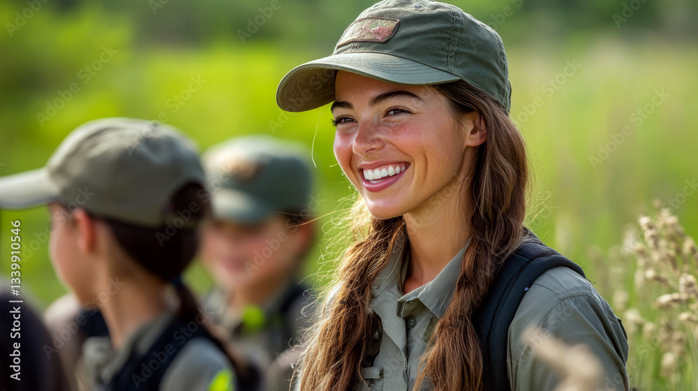 A smiling woman in green uniform and cap stands outdoors with blurred people in the background. Concept of teamwork, nature, outdoor activity. For outdoor gear photo.