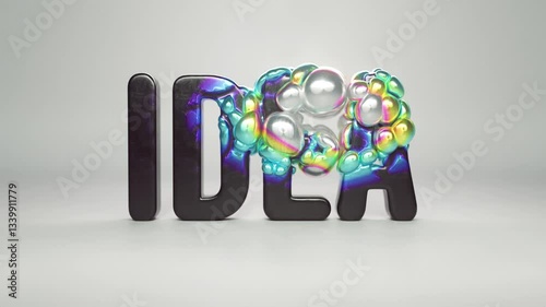 Iridescent Idea: 3D Animation of Black Plastic Word Transforming into Metallic Bubble Texture