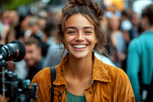 Young woman with a big smile looks at the camera amidst a lively crowd. Concept of joy, happiness, and social interaction. For a lifestyle or event photo.