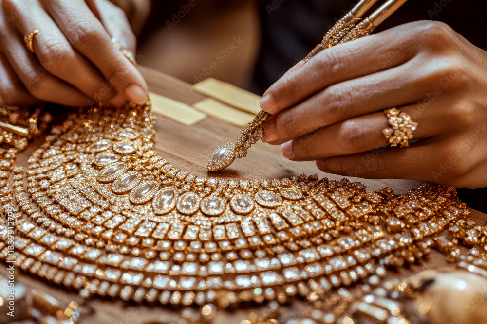 A craftsman meticulously works on an ornate, sparkling necklace with intricate details using a tool on a wooden surface. Concept of craftsmanship and luxury. For jewelry ads