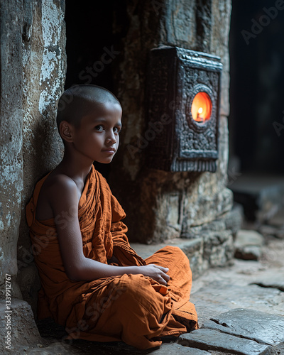 Young Buddhist novice monk sitting in meditation near a light  