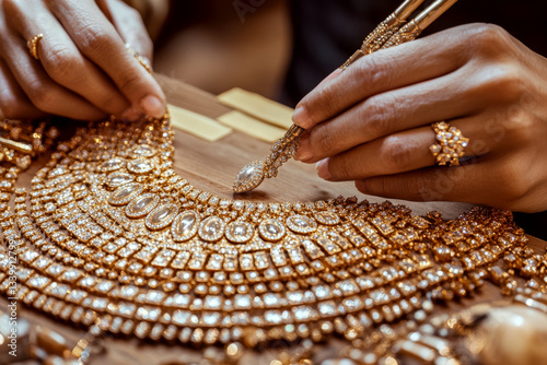 Obraz na płótnie A craftsman meticulously works on an ornate, sparkling necklace with intricate details using a tool on a wooden surface. Concept of craftsmanship and luxury. For jewelry ads w salonie