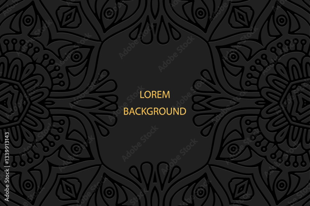 Geometric black lorem background, tribal cover design, ethnic banner. Vintage 3D pattern. Embossing, relief texture. Ornaments, arabesques, mandala of the East, Asia, India, Mexico, Aztec, Peru.