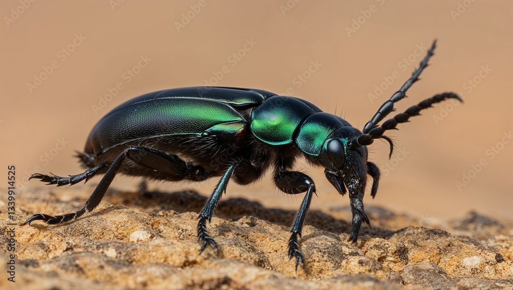 Shiny black beetle navigating its habitat on a dry rock surface. Shiny black beetle navigating its habitat on a dry rock surface.