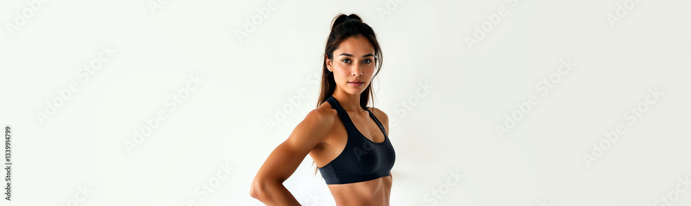 A Strong Woman Confidently Poses In A Black Sports Bra Against A Minimalist White Background Showcasing Her Fitness And Determination With A Clean, Bright Aesthetic A Strong Woman Confidently Poses In A Black Sports Bra Against A Minimalist White Background Showcasing Her Fitness And Determination With A Clean, Bright Aesthetic