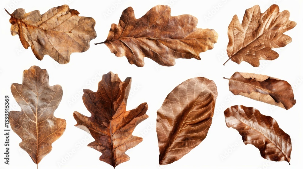 Fototapeta premium A collection of dry oak leaves isolated on a white background, perfect for design elements and natural themes.