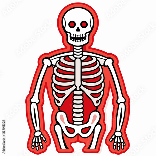 A 3D human skeletal anatomy illustration reveals the skull and bone structure, reminiscent of medical x-ray imagery
