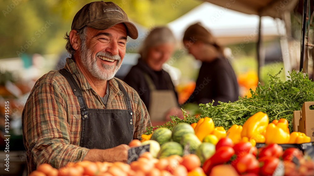 A smiling man in a cap and apron sells fresh vegetables at an outdoor market. Concept of farmers, vegetables, market. For agriculture promotion.