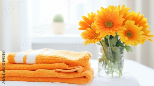 Experience luxury with soft towels and a vibrant flower accent on the bed, adding a touch of elegance to your hotel stay.