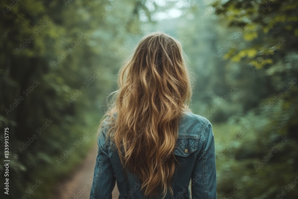 Woman walks through a misty forest surrounded by autumn foliage in a tranquil setting Woman walks through a misty forest surrounded by autumn foliage in a tranquil setting