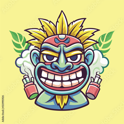 Vibrant Tiki Mascot Cartoon Character Billowing Smoke Vector Logo Illustration