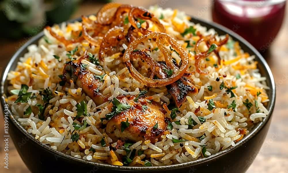 Delicious Biryani Rice Topped with Crispy Fried Onions and Fresh Herbs in a Dark Bowl on a Rustic Wooden Table Delicious Biryani Rice Topped with Crispy Fried Onions and Fresh Herbs in a Dark Bowl on a Rustic Wooden Table