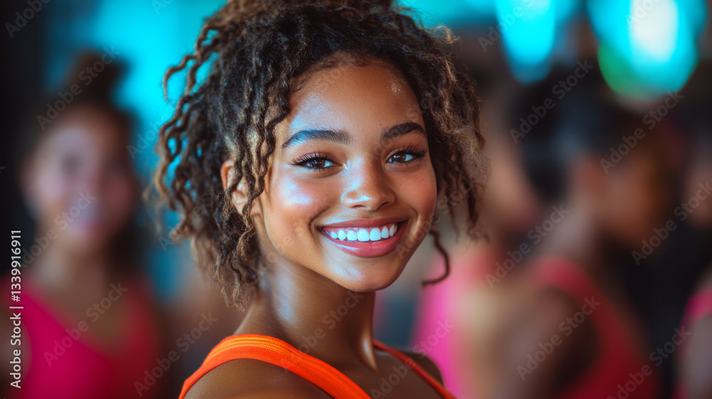 Smiling woman with curly hair in a bright setting, wearing an orange top, surrounded by blurred figures. Concept of happiness, energy, confidence. For beauty photo.