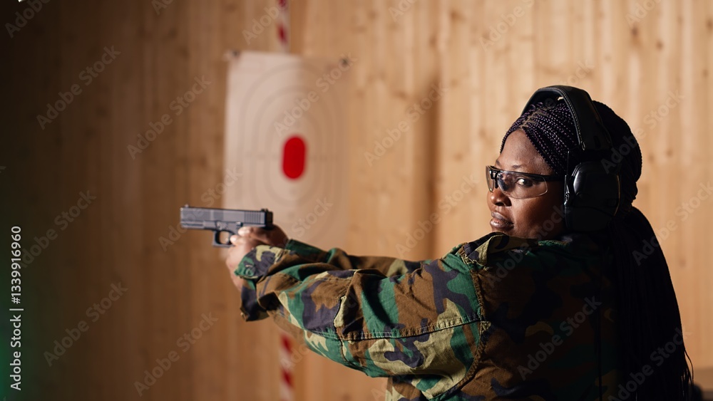 Fototapeta premium Portrait of smiling woman in firing range shooting with pistol, wearing earmuffs to protect hearing. Cheerful person in shooting gallery using safety gear to prevent damage from gunshots, camera B
