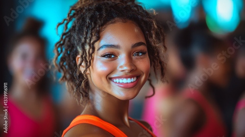 Obraz na płótnie Smiling woman with curly hair in a bright setting, wearing an orange top, surrounded by blurred figures. Concept of happiness, energy, confidence. For beauty photo. w salonie
