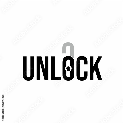 Simple "Unlock" text logo design with a person and padlock concept.