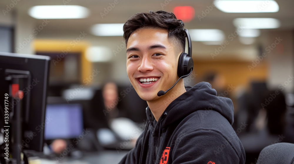 Smiling man with a headset works at a computer in a busy office. Concept of customer service. For support center promotion.