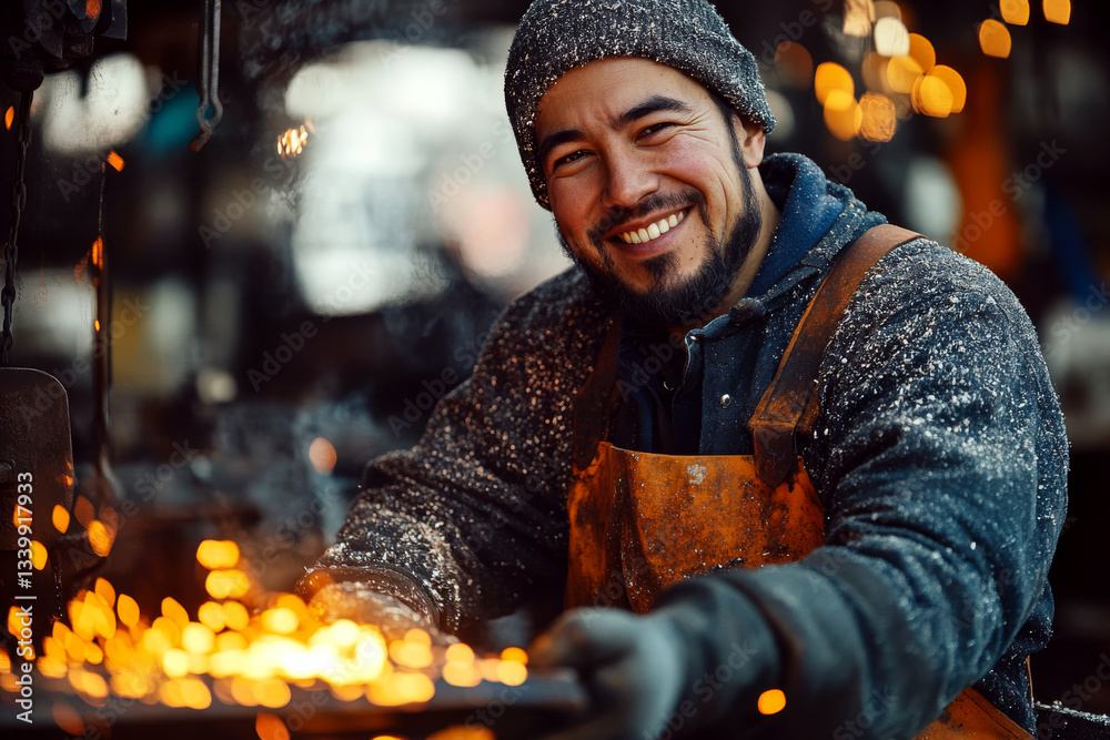 Smiling person in orange apron works with sparks flying around in an industrial setting. Concept of craftsmanship and joy. For depicting skilled labor.