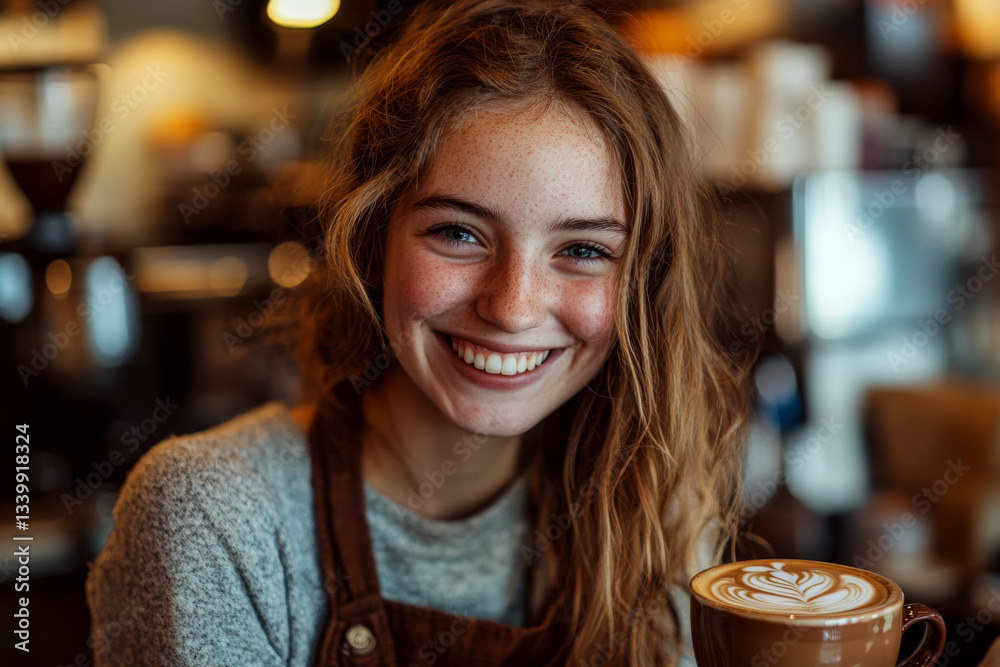 Smiling woman holds a cup of coffee with latte art in a cozy cafe. Concept of warmth and hospitality. For coffee shop promotion.