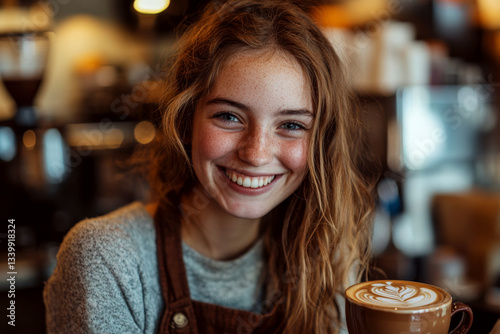 Obraz na płótnie Smiling woman holds a cup of coffee with latte art in a cozy cafe. Concept of warmth and hospitality. For coffee shop promotion. w salonie
