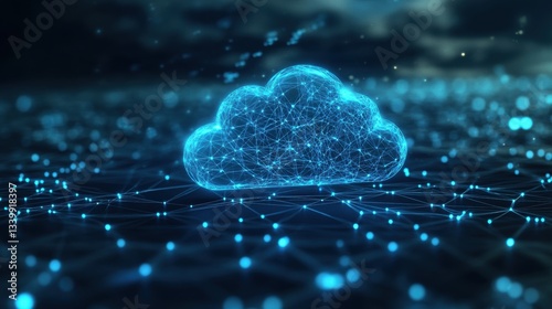Futuristic Cloud Technology Concept with Digital Network Connections and Glowing Particles Representing Data Transfer and Storage in Modern Environments