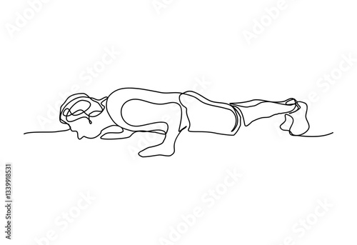 Continuous line art illustration of a man doing push up, one line drawing of a man doing work out